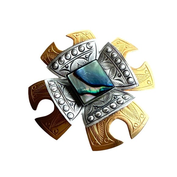 Vintage Gold & Silver Tone Abalone Brooch Pin With Intricate Engraved Design - Picture 1 of 5